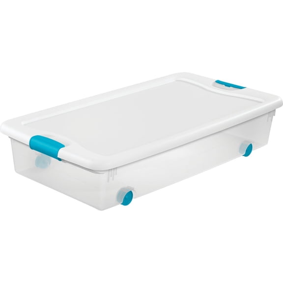 Common 56 Qt Wheeled Latching Storage Box - Plastic, Stackable - 8 Pack, Clear/White Lid