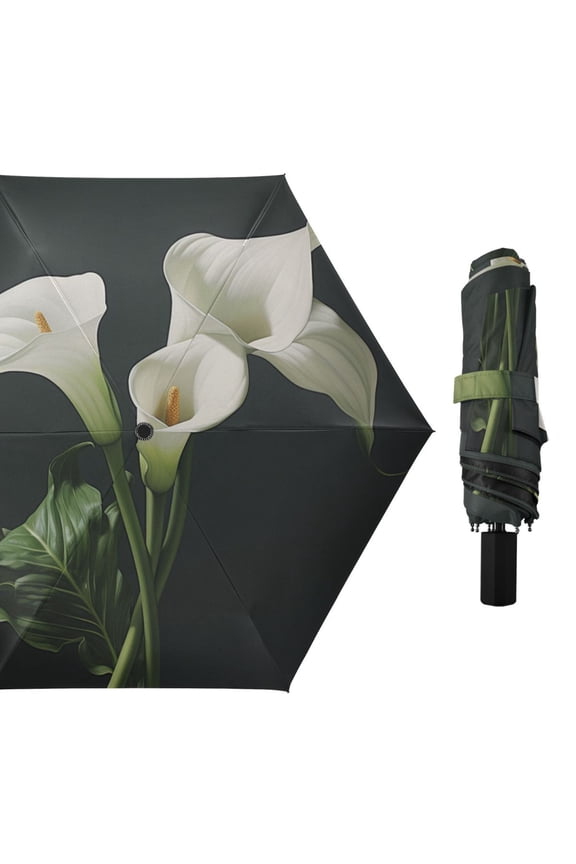 Common Callalily Leaves All Weather Umbrella Triple Folding Parasol 6 Ribs UV Protection Portable