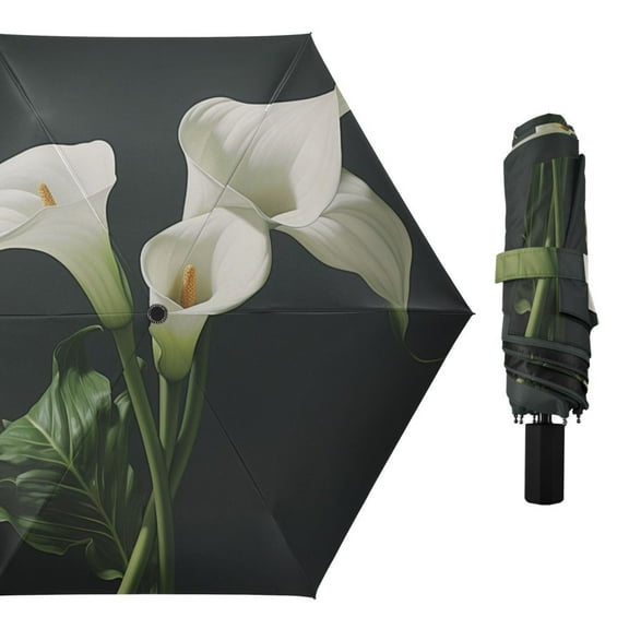 Common Callalily Leaves All Weather Umbrella Triple Folding Parasol 6 Ribs UV Protection Portable