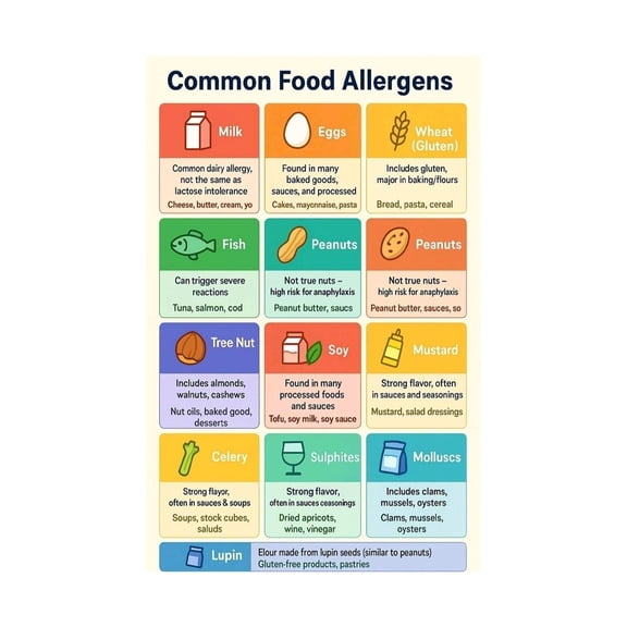 Common Food Allergens Chart Poster Allergy Safety Guide with Top 8 Allergens List Symptoms and Prevention Tips for Kitchen Cafeteria Wall Art Decor