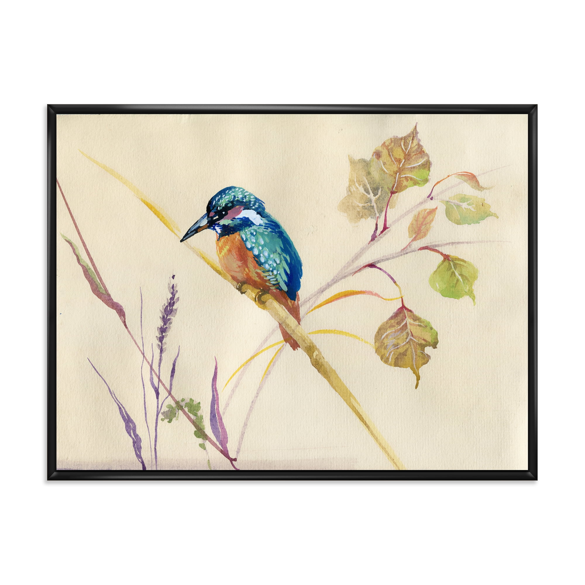 Common Kingfisher Bird On Branch 32 in x 24 in Framed Painting Canvas Art Print, by Designart