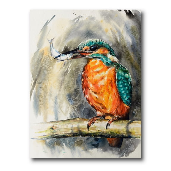 Common Kingfisher On Branch Eating A Small Fish 8 in x 12 in Painting Canvas Art Print, by Designart