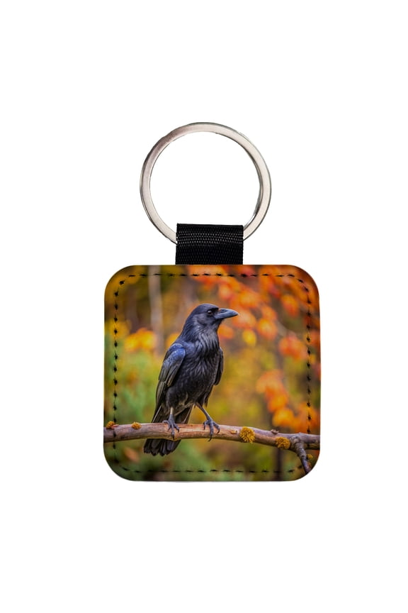 Common Raven Backyard Bird Faux Leather Square Keychain