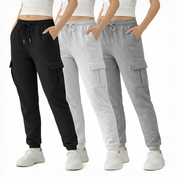 Common Stitch Women's Fleece Cargo Joggers, 3-Pack, 4 Pockets, Cuffed Ankle, Elastic Drawstring Waist