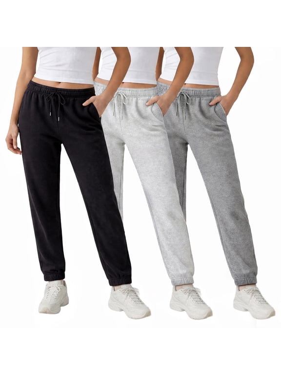 Women's Fleece Cuffed Joggers, 3-Pack, Tapered Fit, Deep Pockets, Elastic Drawstring Waist