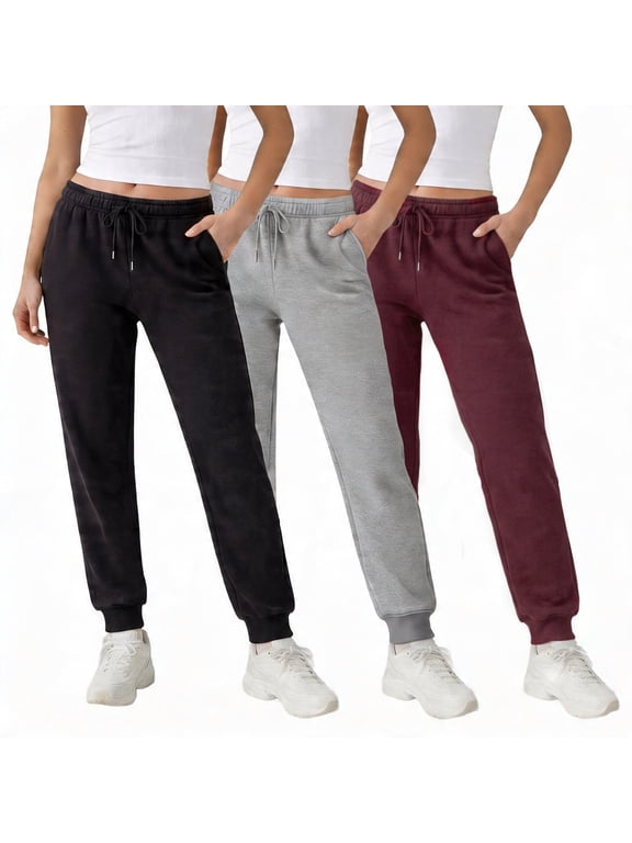 Women's Fleece Joggers, 3-Pack, Slim Tapered Fit, Deep Pockets, Elastic Drawstring Waist