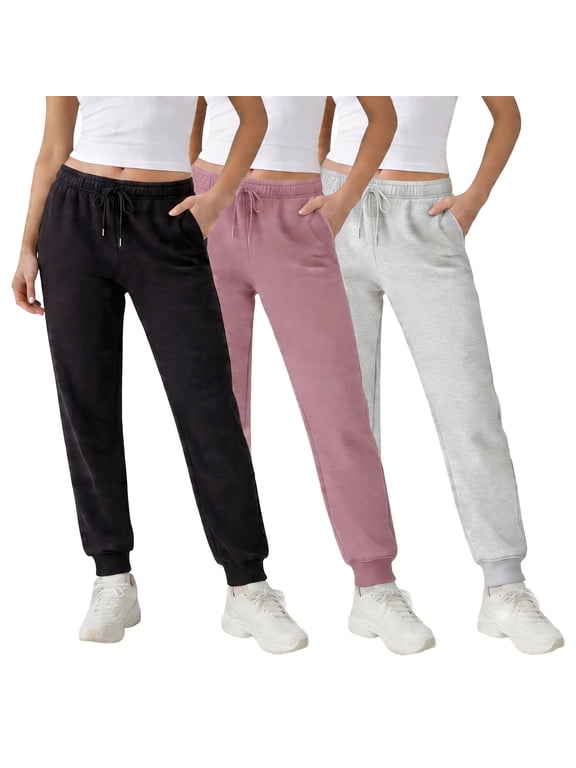 Women's Fleece Joggers, 3-Pack, Slim Tapered Fit, Deep Pockets, Elastic Drawstring Waist