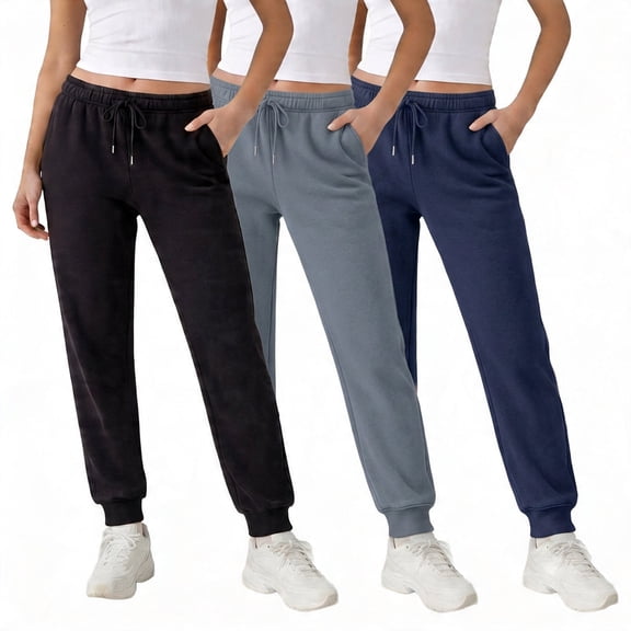 Common Stitch Women's Fleece Joggers, 3-Pack, Slim Tapered Fit, Deep Pockets, Elastic Drawstring Waist