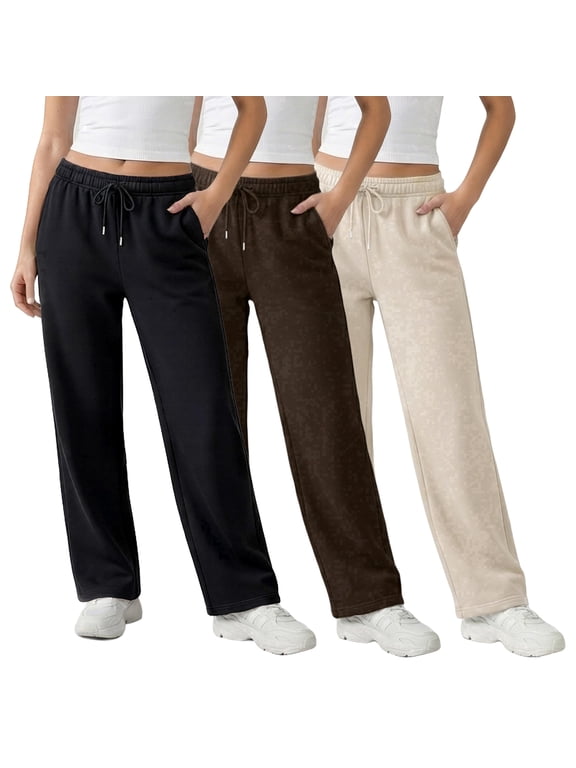 Women's Straight Leg Fleece Sweatpants, 3-Pack, Deep Pockets, Elastic Drawstring Waist