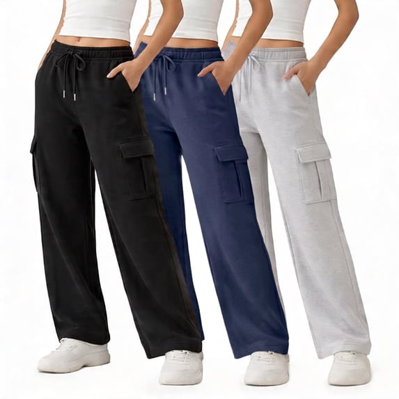 Common Stitch Women's Wide Leg Cargo Fleece Sweatpants, 3-Pack, 4 Pockets, Elastic Drawstring Waist
