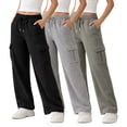 thumbnail image 1 of Common Stitch Women's Wide Leg Cargo Fleece Sweatpants, 3-Pack, 4 Pockets, Elastic Drawstring Waist, 1 of 1