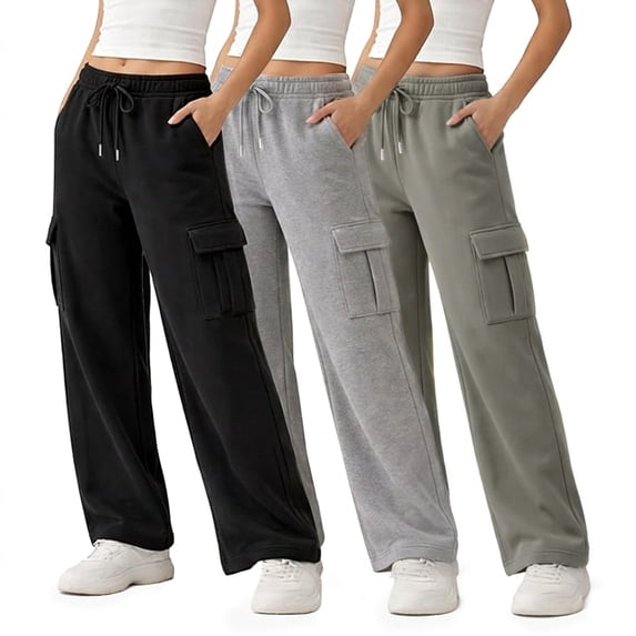 Common Stitch Women's Wide Leg Cargo Fleece Sweatpants, 3-Pack, 4 Pockets, Elastic Drawstring Waist