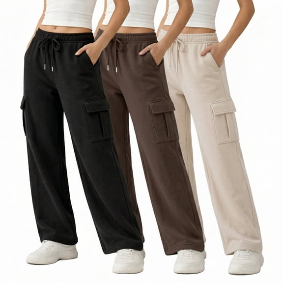 Common Stitch Women's Wide Leg Cargo Fleece Sweatpants, 3-Pack, 4 Pockets, Elastic Drawstring Waist