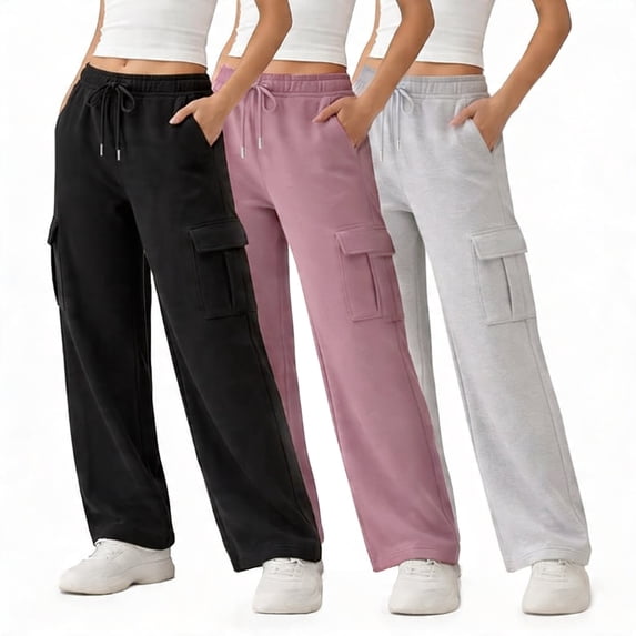 Common Stitch Women's Wide Leg Cargo Fleece Sweatpants, 3-Pack, 4 Pockets, Elastic Drawstring Waist
