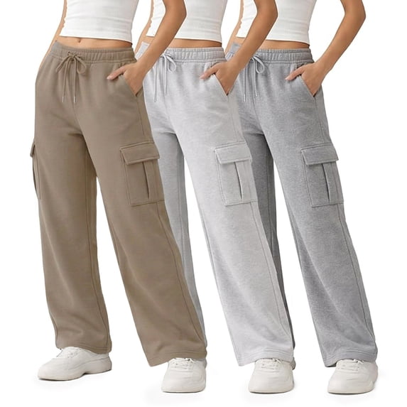 Common Stitch Women's Wide Leg Cargo Fleece Sweatpants, 3-Pack, 4 Pockets, Elastic Drawstring Waist