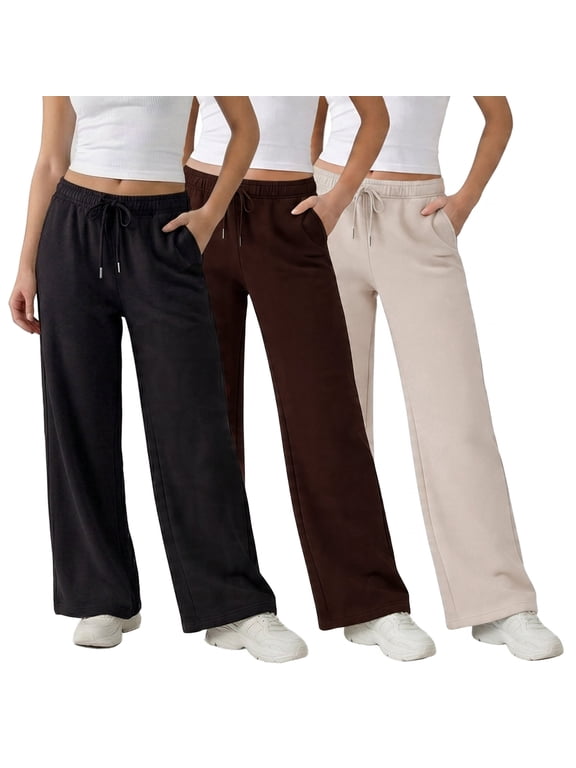Women's Wide Leg Fleece Sweatpants, 3-Pack, Deep Pockets, Elastic Drawstring Waist,