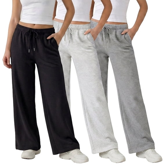 Common Stitch Women's Wide Leg Fleece Sweatpants, 3-Pack, Deep Pockets, Elastic Drawstring Waist