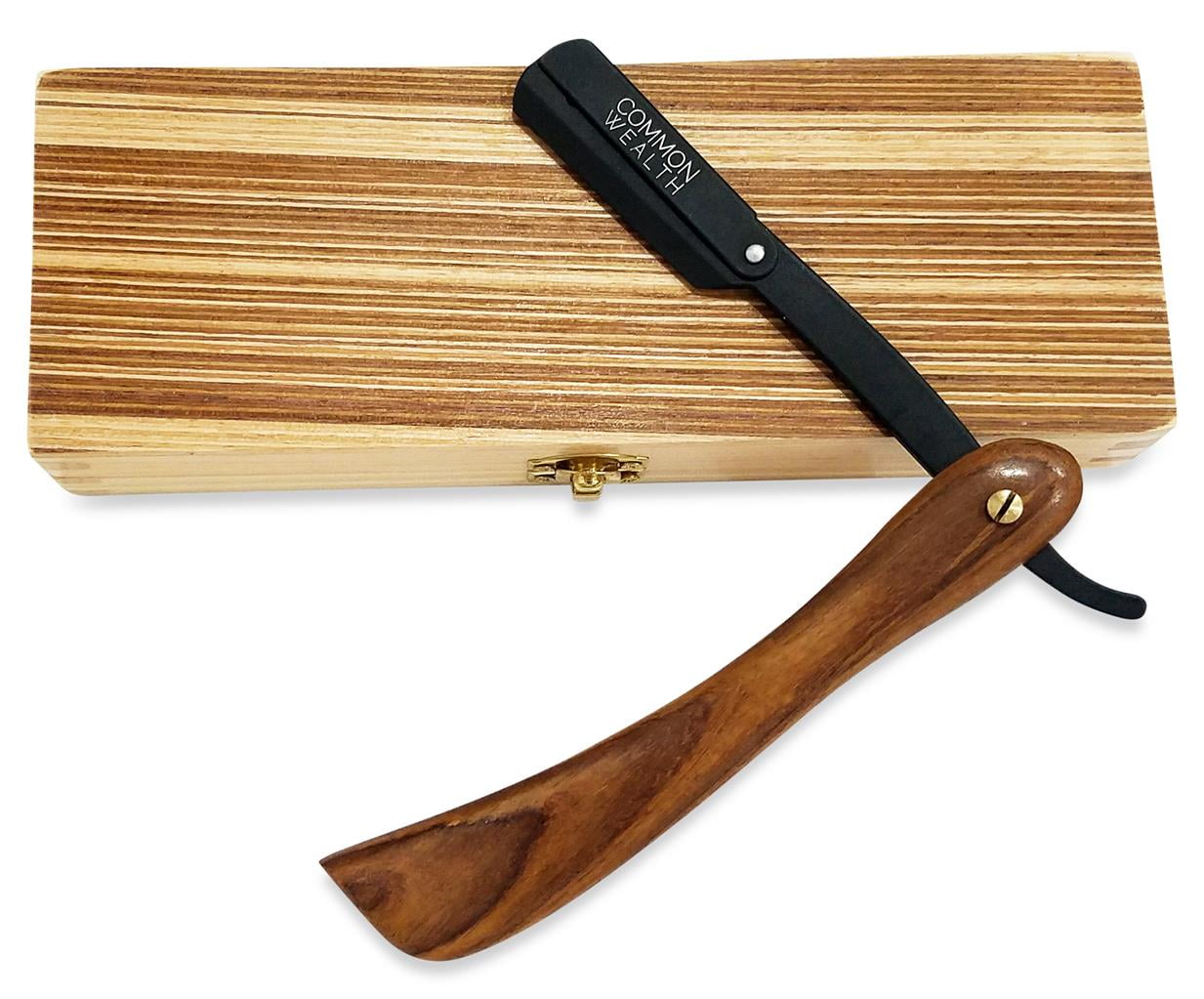Common Wealth Wood Black Straight Edge Classic Folding Barber Shaving Razor With Case