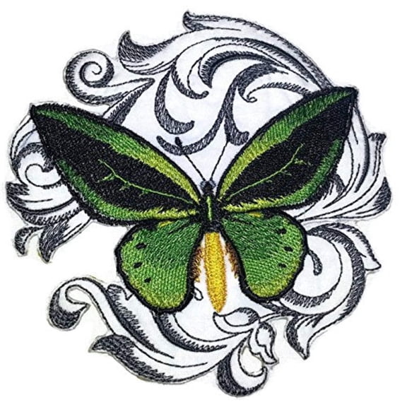 Common green Birdwing with Baroque Embroidered Iron On/Sew patch [5" x 5"]