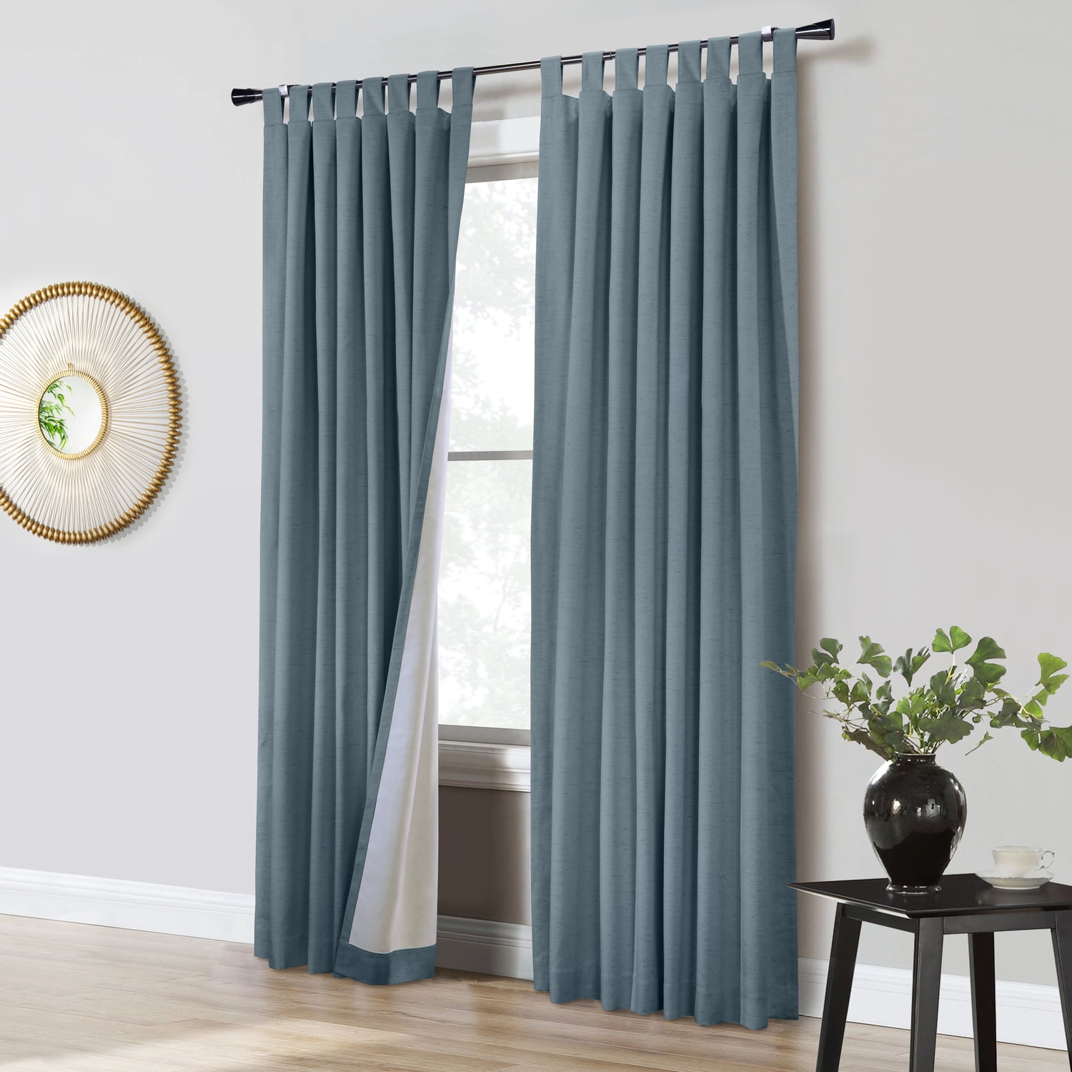 Ventura Blue Polyester Linen Blackout Tab Top Curtain Panel Pair