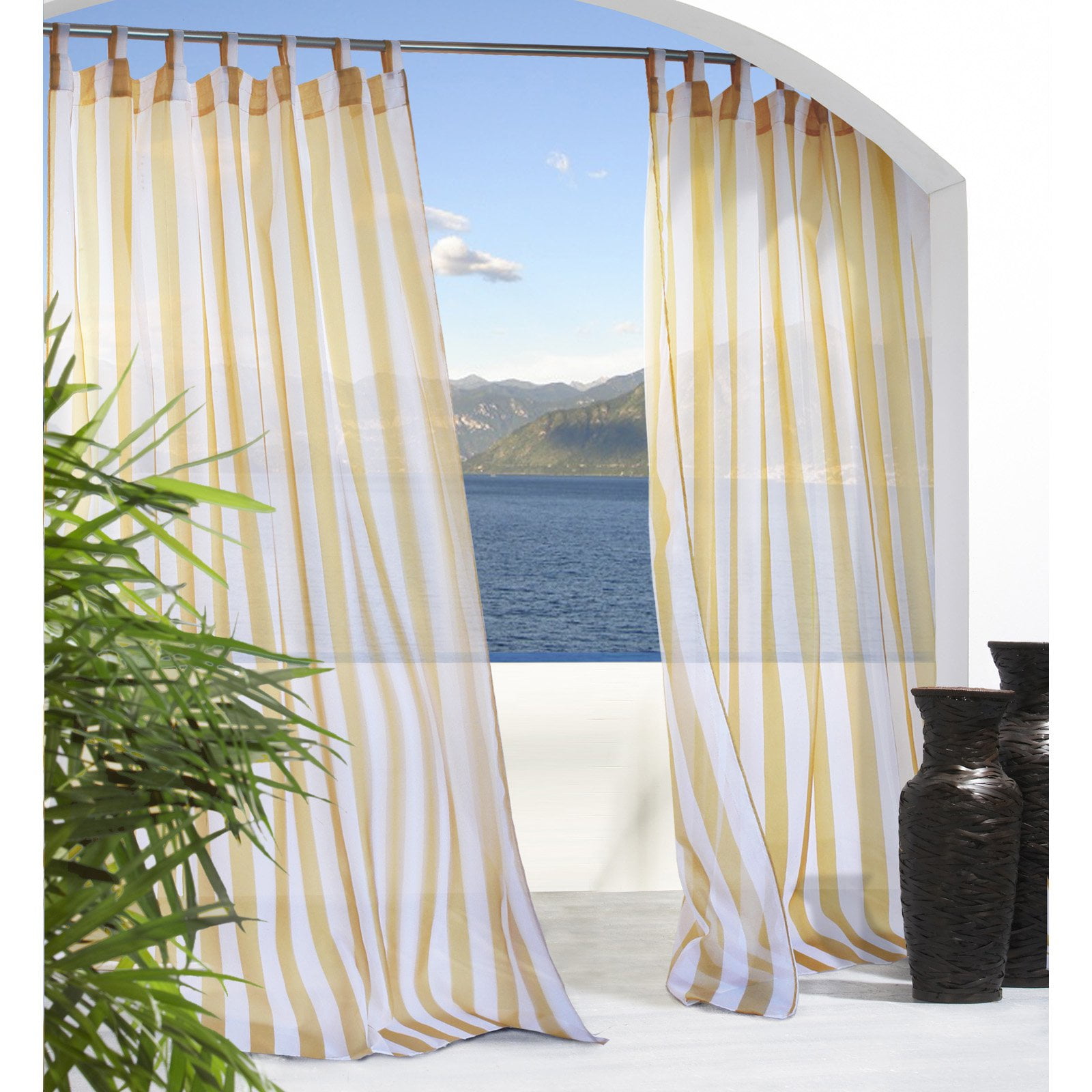 Khaki Sheer Striped Grommet Top Outdoor Curtain Panel