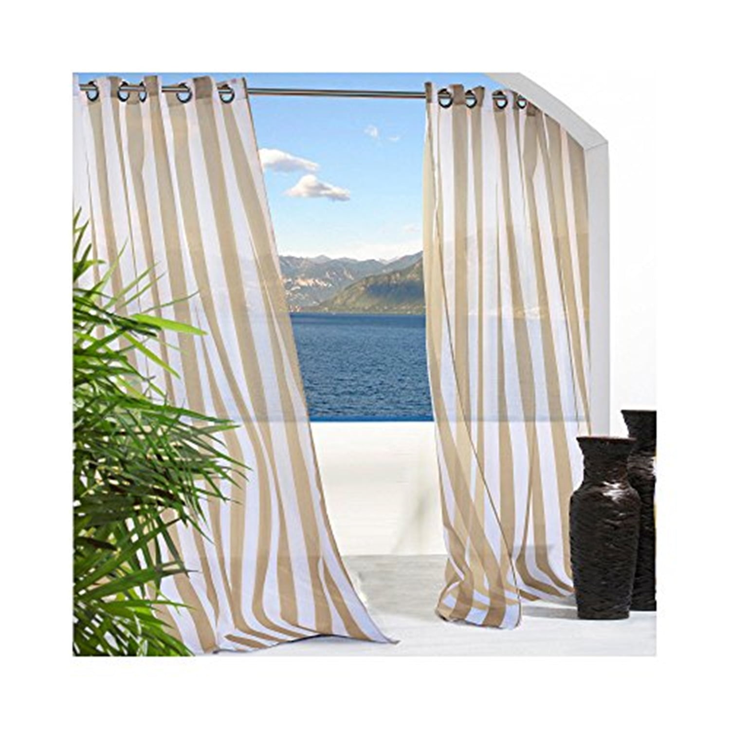 Khaki Sheer Striped Grommet Top Outdoor Curtain Panel
