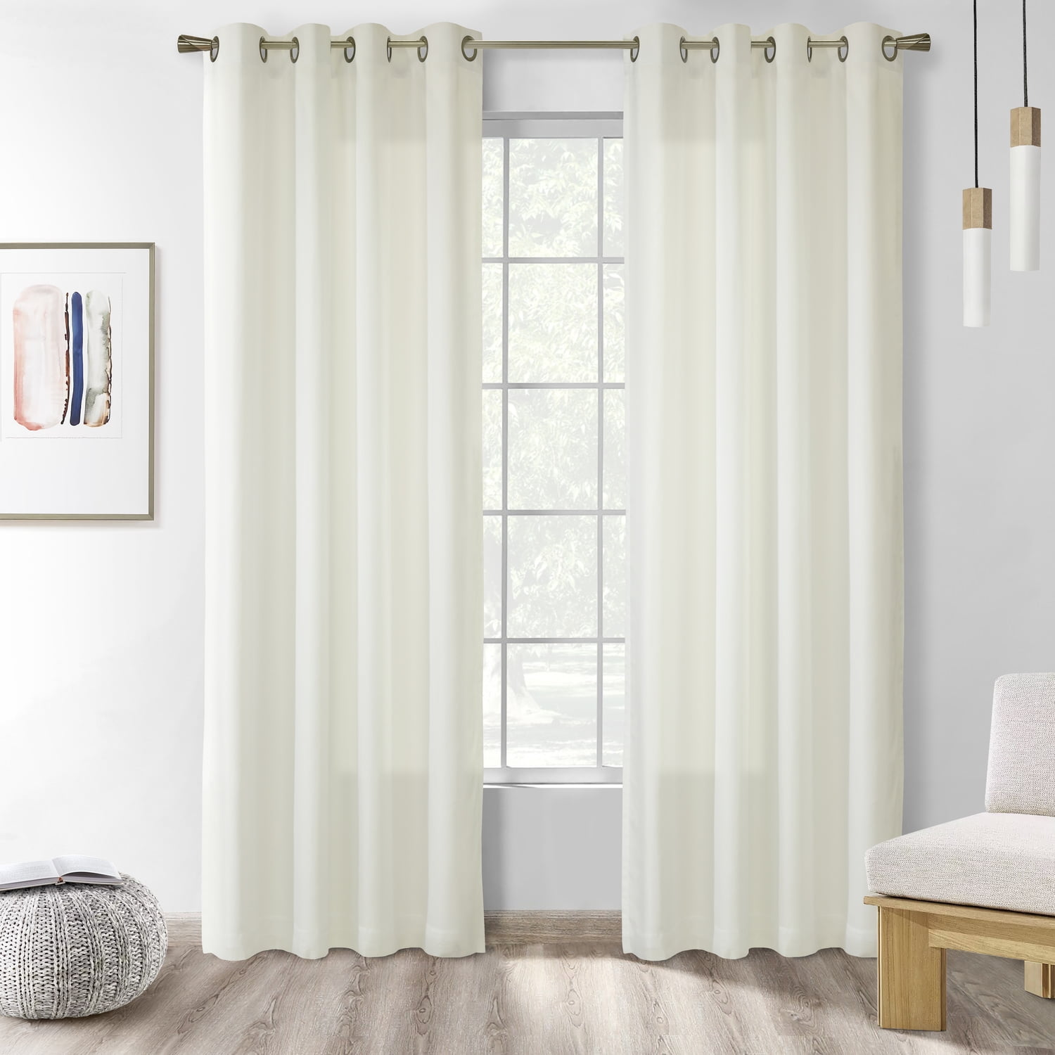 Ivory Sheer Polyester Grommet Panel with Lace Detail