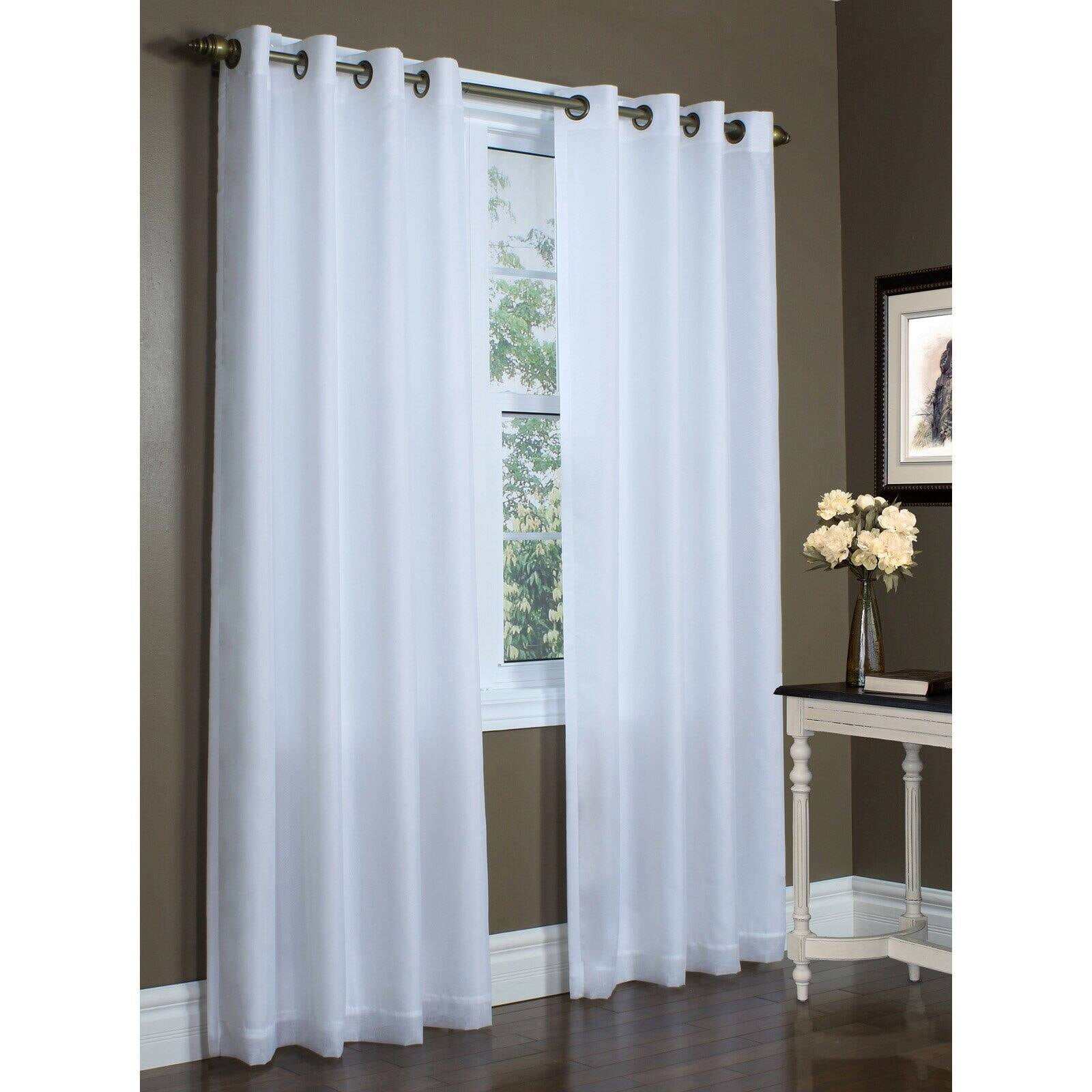 White Polyester Light-Filtering Grommet Curtain Panel with Lace Detail