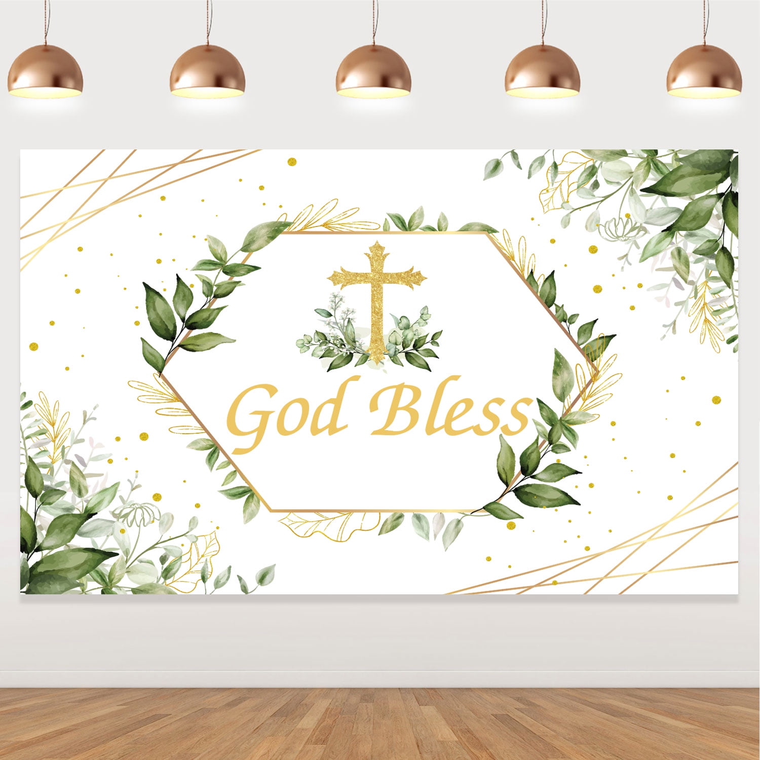 God Bless Greenery Wreath Backdrop Green Eucalyptus Leaves Boy Girls Baby Shower Birthday Party Banner First Holy Communion Baptism Background Christening Ceremony Party Decorations Supplies