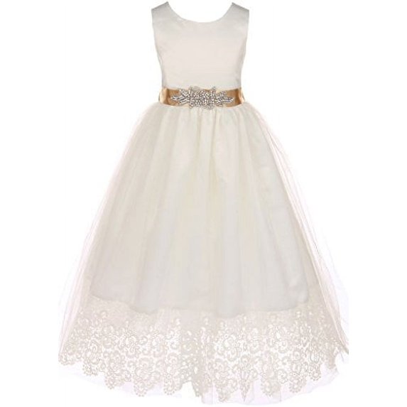 Communion Bridal Flower Girl Satin Top Scallop Lace for Little Girl Champagne 6 JKS.2073OW