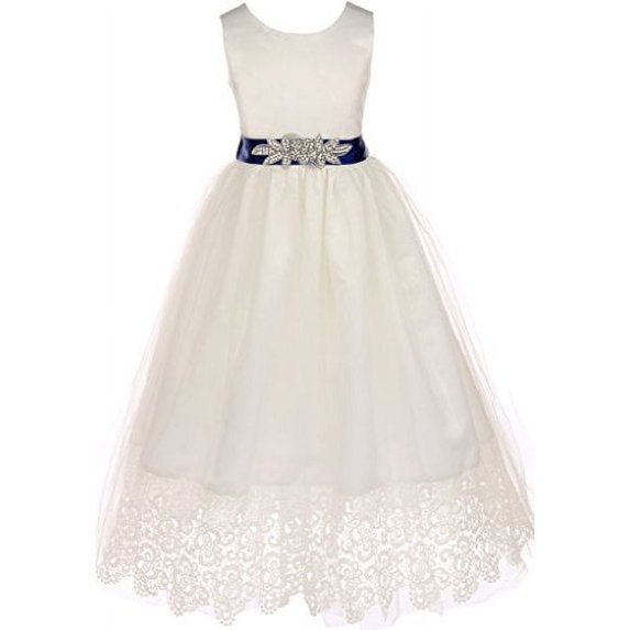 Communion Bridal Flower Girl Satin Top Scallop Lace for Little Girl Navy 8 JKS.2073OW