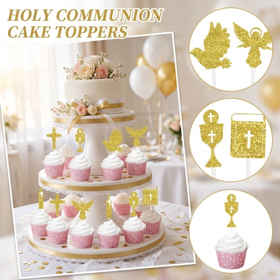 Communion Cake Picks 12 Pack Gold Glitter Religious Cake Toppers Cross Dove Angel Chalice Bible Candle Designs for First Holy Communion Christening Baptism Confirmation Party