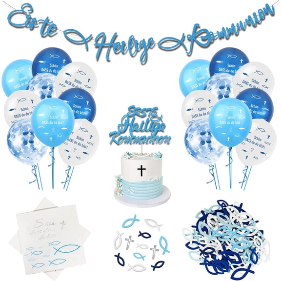 Communion Decorations for Boys, Baptism Decorations for Boys, 20 Napkins 1 Communion Garland 20 Blue Balloons 72 Wooden Fish Cross Decorations 1 Cake Topper First Communion decorations