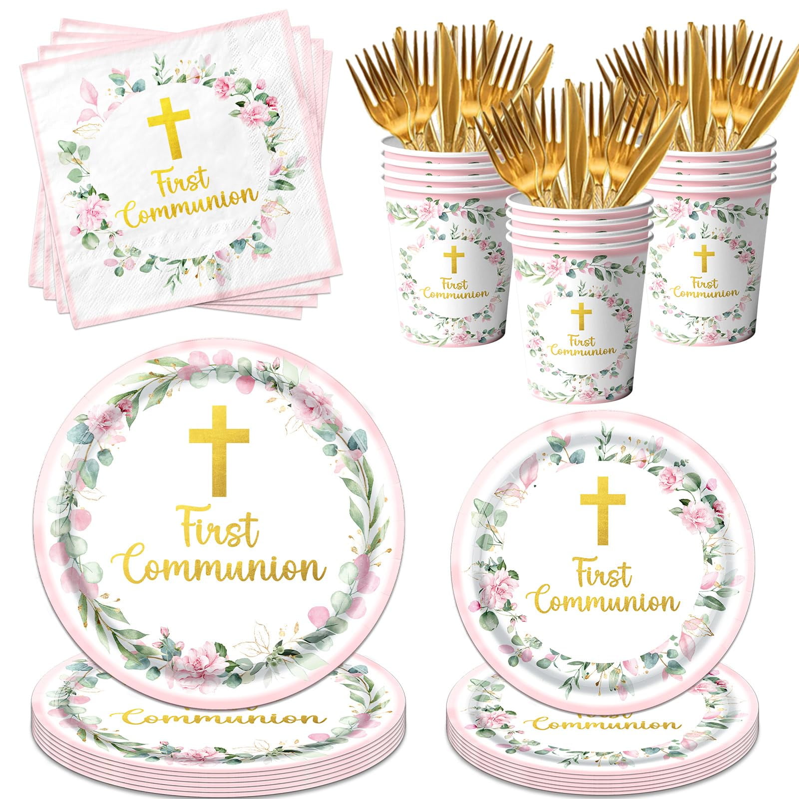 Communion Decorations – Includes 9" & 7" Plates, Napkins, Cups, Cutlery, Serves 25, for First Holy Communion, Baptism, Primera Comunion Party, Available in Pink, Blue, or Green