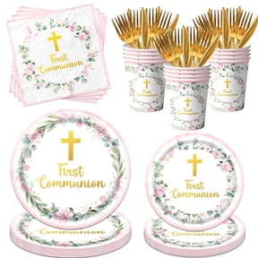 Communion Decorations – Includes 9" & 7" Plates, Napkins, Cups, Cutlery, Serves 25, for First Holy Communion, Baptism, Primera Comunion Party, Available in Pink, Blue, or Green