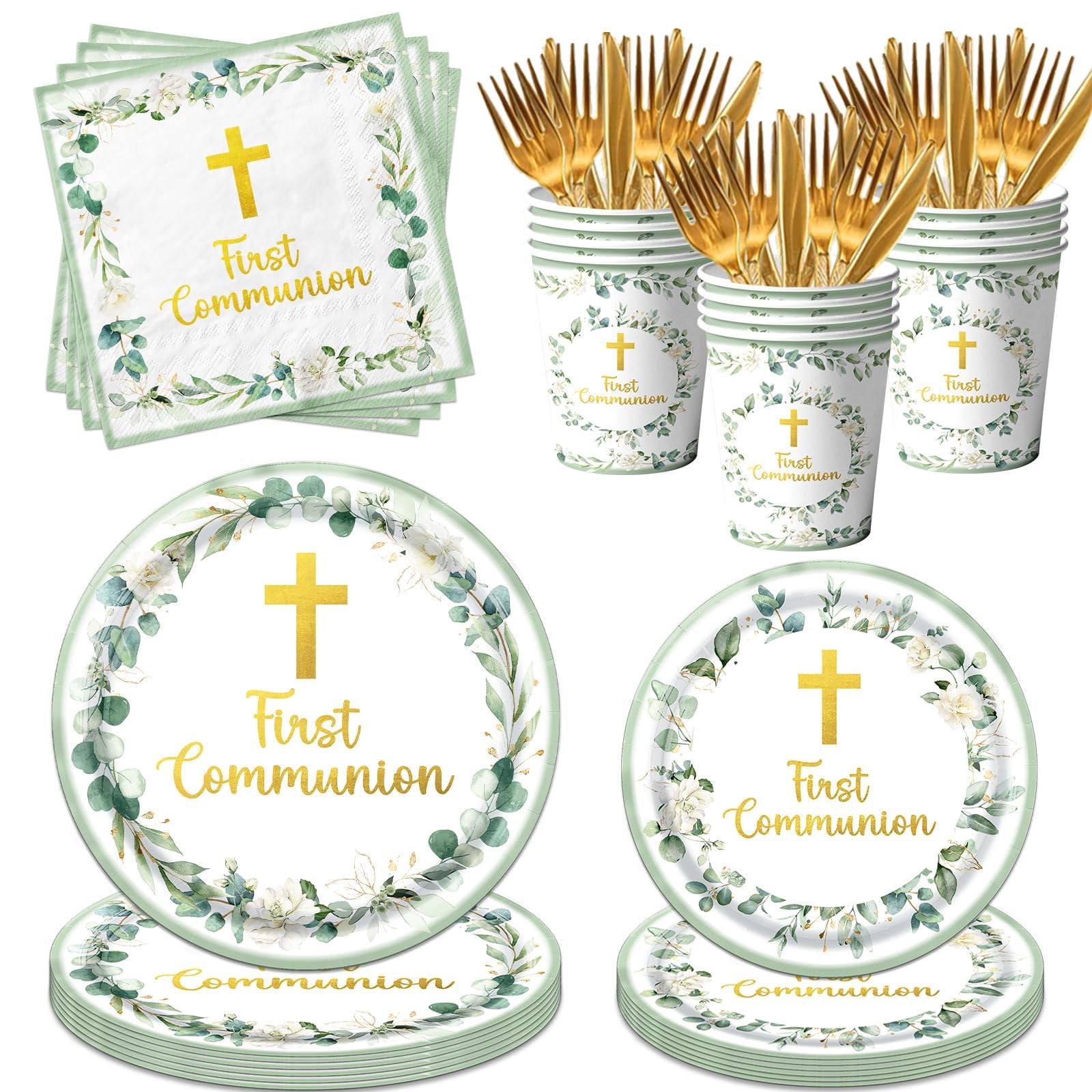 Communion Decorations – Includes 9" & 7" Plates, Napkins, Cups, Cutlery, Serves 25, for First Holy Communion, Baptism, Primera Comunion Party, Available in Pink, Blue, or Green