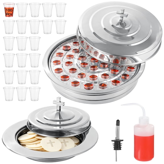 Communion Set, 40-Cup Communion Tray with Lid, Bread Plate with Cover, 100 Disposable Cups, Cup Filler, and Spout, Stainless Steel Communion Ware, Church Communion Supplies Kit