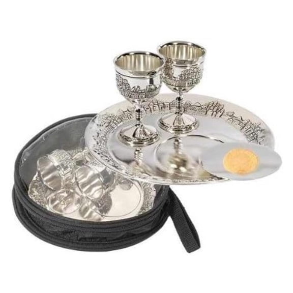 Communion Set Silver Plated - Portable 2 Person Kit with Jerusalem Scenes - 7 & 3 Inch Plates, 2 Cups & Carrying Bag