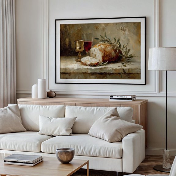 Communion Still Life With Poster Bread Wine And Olive Branch , Poster Print Only