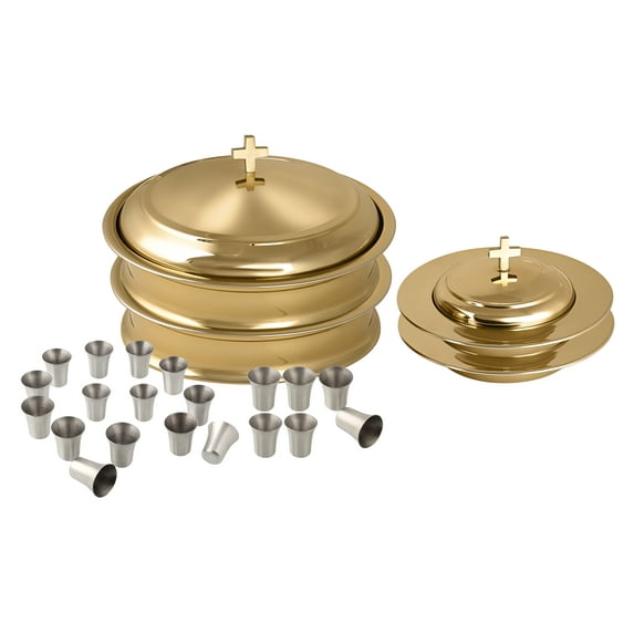 Mayur Exports Communion Ware Set | 2 Holy Wine Serving Trays with Lids & 2 Stackable Bread Plates with Lids + 80 Cups | Stainless Steel Brass/Gold Shiny Finish