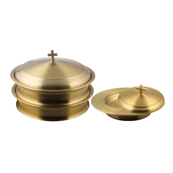 Communion Ware 2 Holy Wine Serving Trays with a Lid & 1 Stacking Bread Plate with a Lid - Stainless Steel (Brass/Gold)