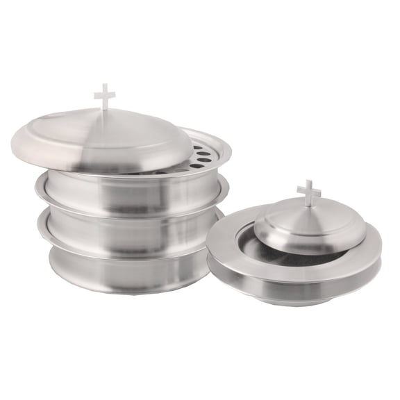 Church Communion Ware Set of 5 | 3 Holy Wine Trays + 2 Stackable Bread Plates with Lids | Matte Stainless Steel Communion Supplies
