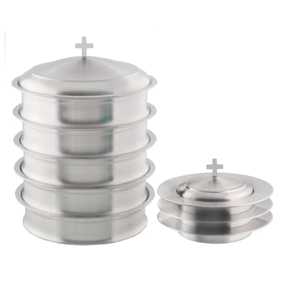 Communion Ware 5 Holy Wine Serving Trays with a Lid & 3 Stacking Bread Plates with a Lid - Stainless Steel (Matte)
