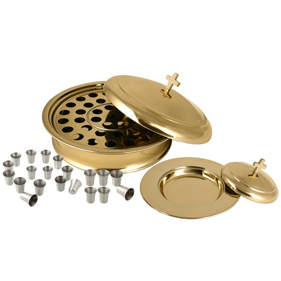 Communion Ware Holy Wine Serving Tray With a Lid & a Stacking Bread Plate With a Lid 40 Cups - Stainless Steel (Brass/Gold Shiny)