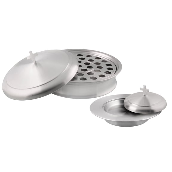 Communion Ware Holy Wine Serving Tray with a Lid & a Stacking Bread Plate with a Lid - Stainless Steel (Matte)