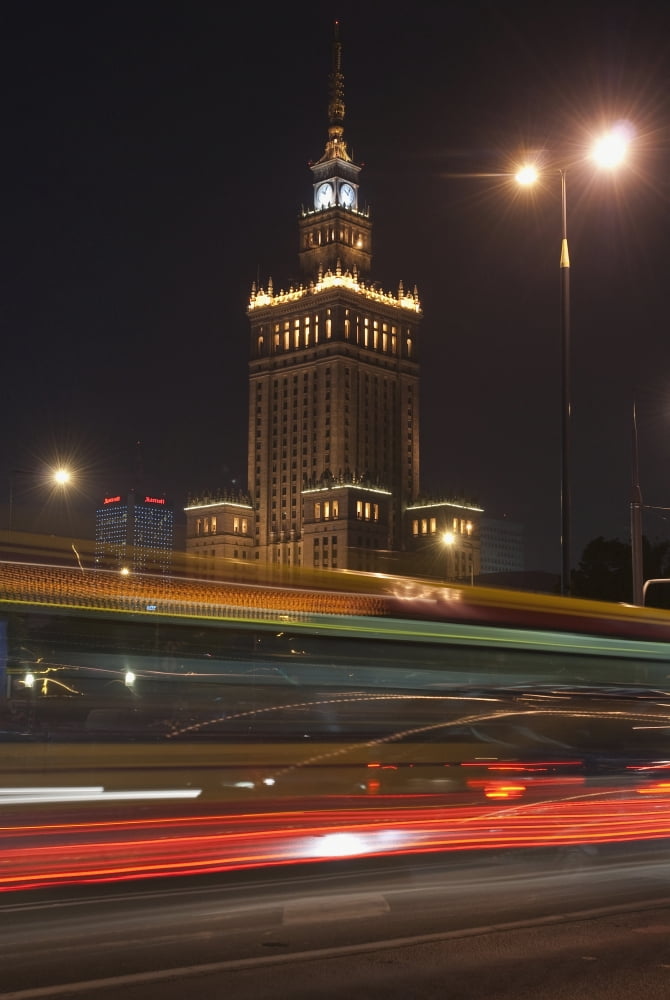 Communist era built Palace of Culture and Science at night Warsaw Poland Canvas Art - David Potter  Design Pics (24 x 36)