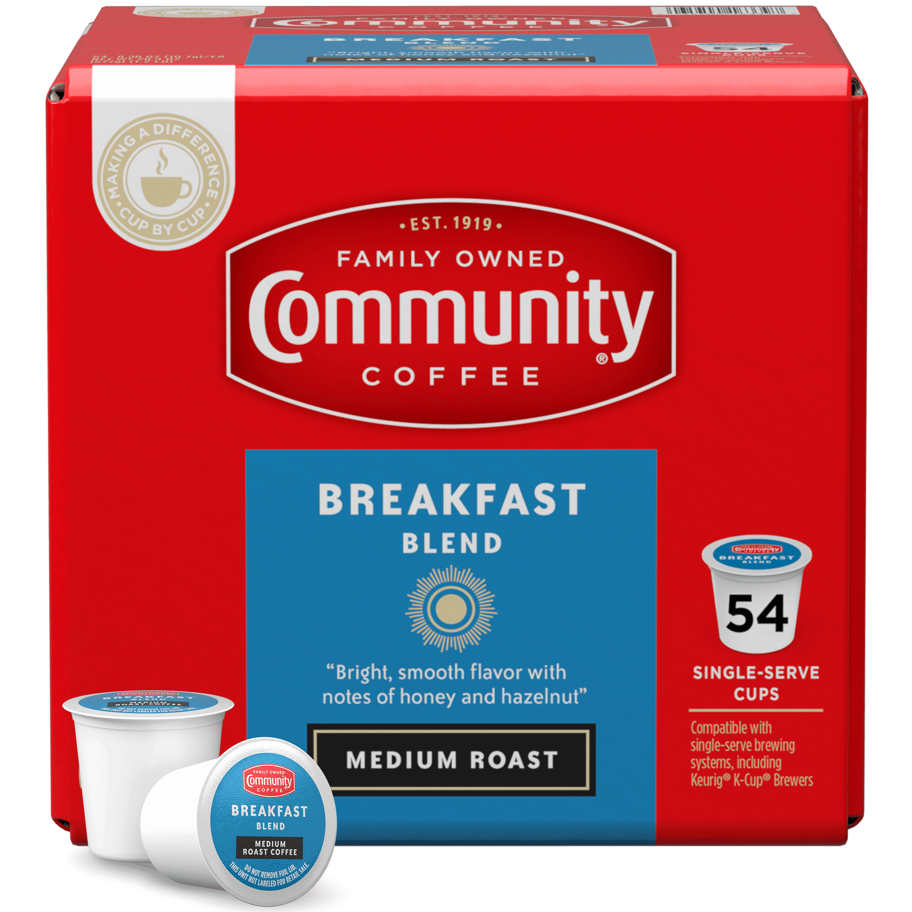 Community Coffee Breakfast Blend Medium Roast Coffee Single-Serve Cups 54 ct Box Compatible with Keurig 2.0 K-Cup Brewers