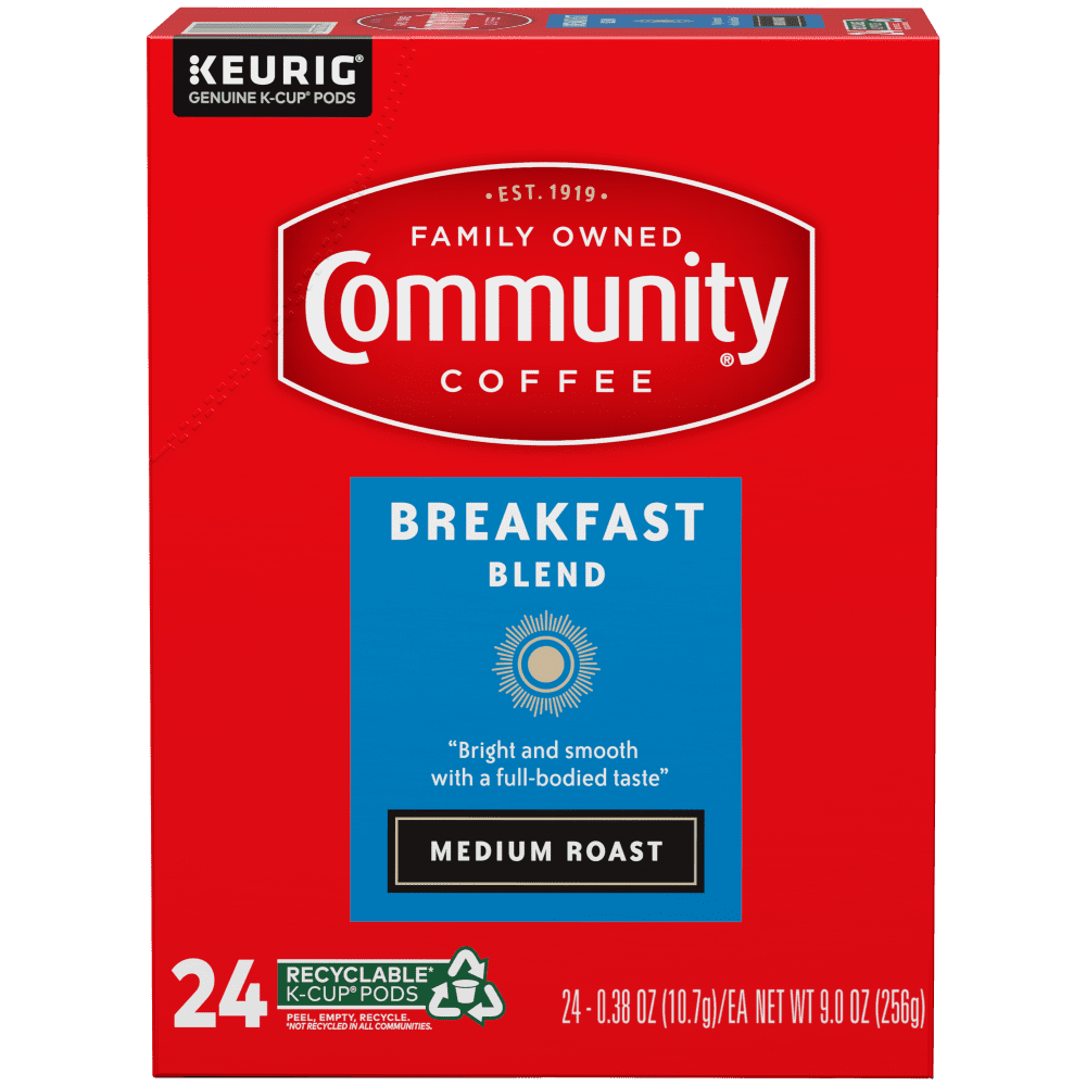 Community Coffee Breakfast Blend Single-Serve Coffee Pods, Medium-Dark Roast, 24 Count Box Compatible with Keurig 2.0 K-Cup Brewers