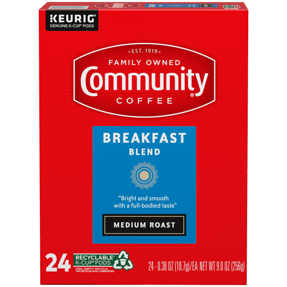 Community Coffee Breakfast Blend Single-Serve Coffee Pods, Medium-Dark Roast, 24 Count Box Compatible with Keurig 2.0 K-Cup Brewers