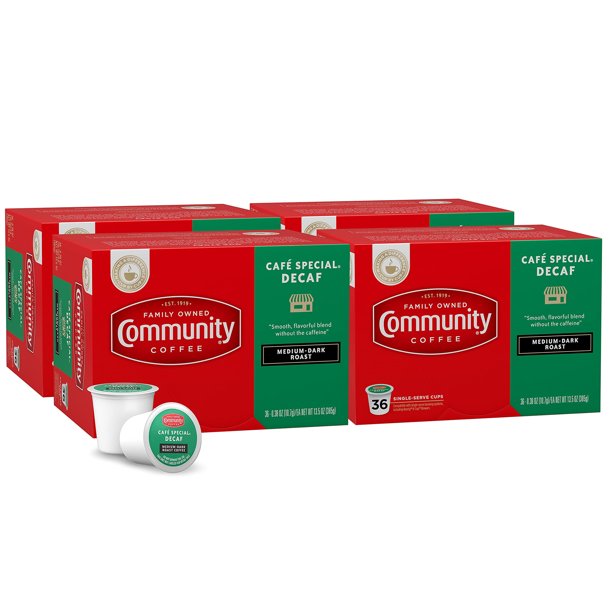 Community Coffee Café Special Decaf 144 Count Coffee Pods, Medium Dark Roast, Compatible With Keurig 2.0 K-Cup Brewers